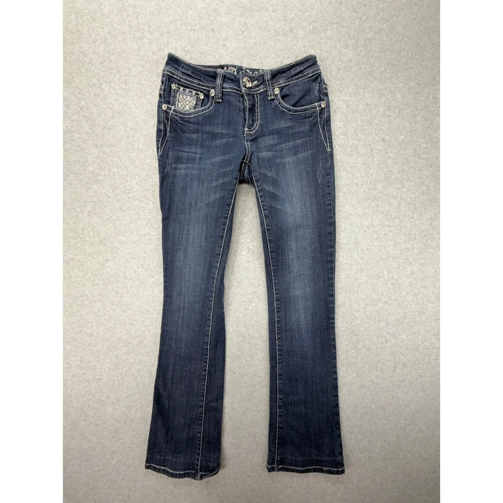 L.A. Idol USA Women Dark Wash Rhinestone Bootcut Jeans Size 1 W27 L34 Low Rise